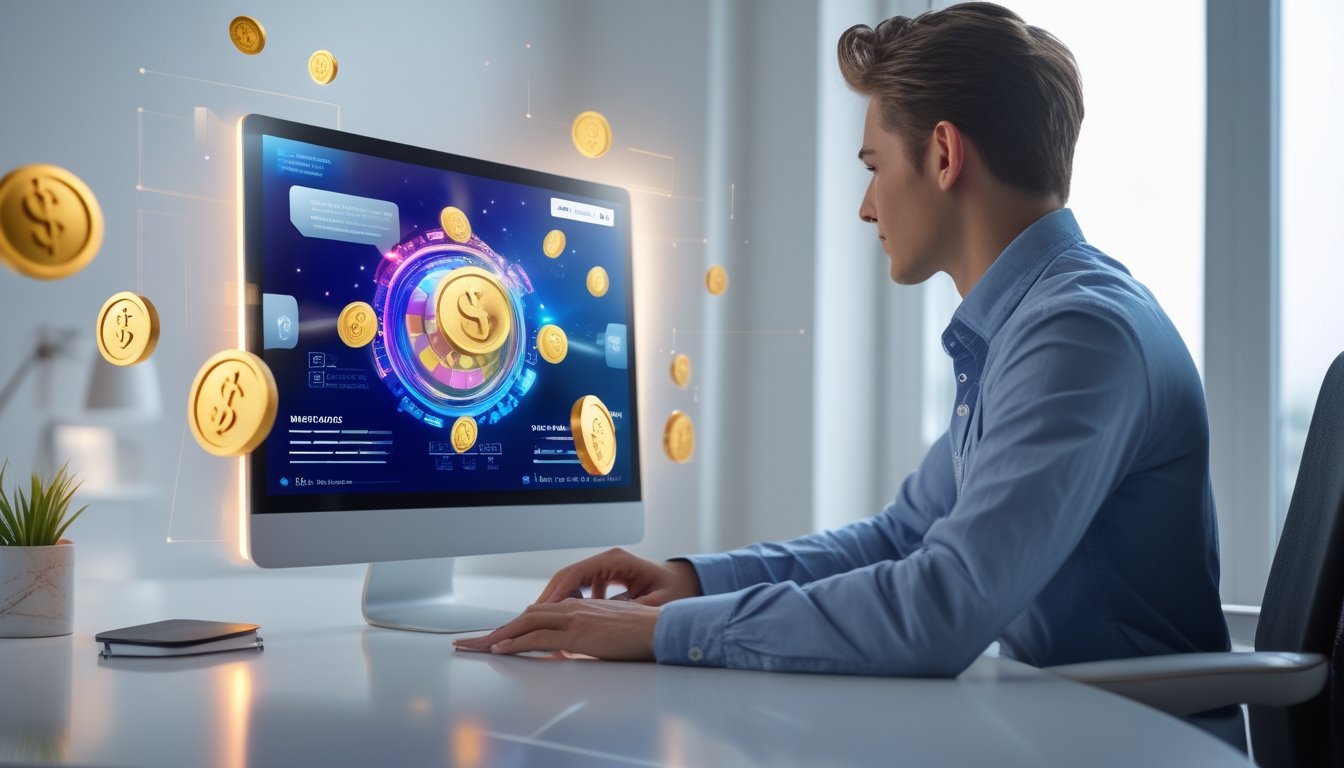 Orang muda duduk di meja kerja modern dengan laptop yang menampilkan antarmuka digital berwarna-warni, dikelilingi simbol koin dan hadiah di ruangan yang terang dan rapi.