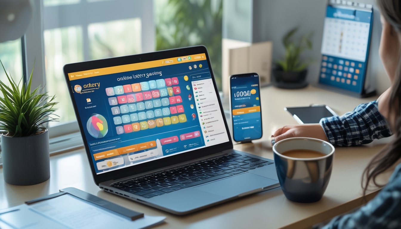 Seorang pria duduk di depan laptop dengan layar menampilkan permainan togel online, di meja terdapat ponsel dan secangkir kopi.