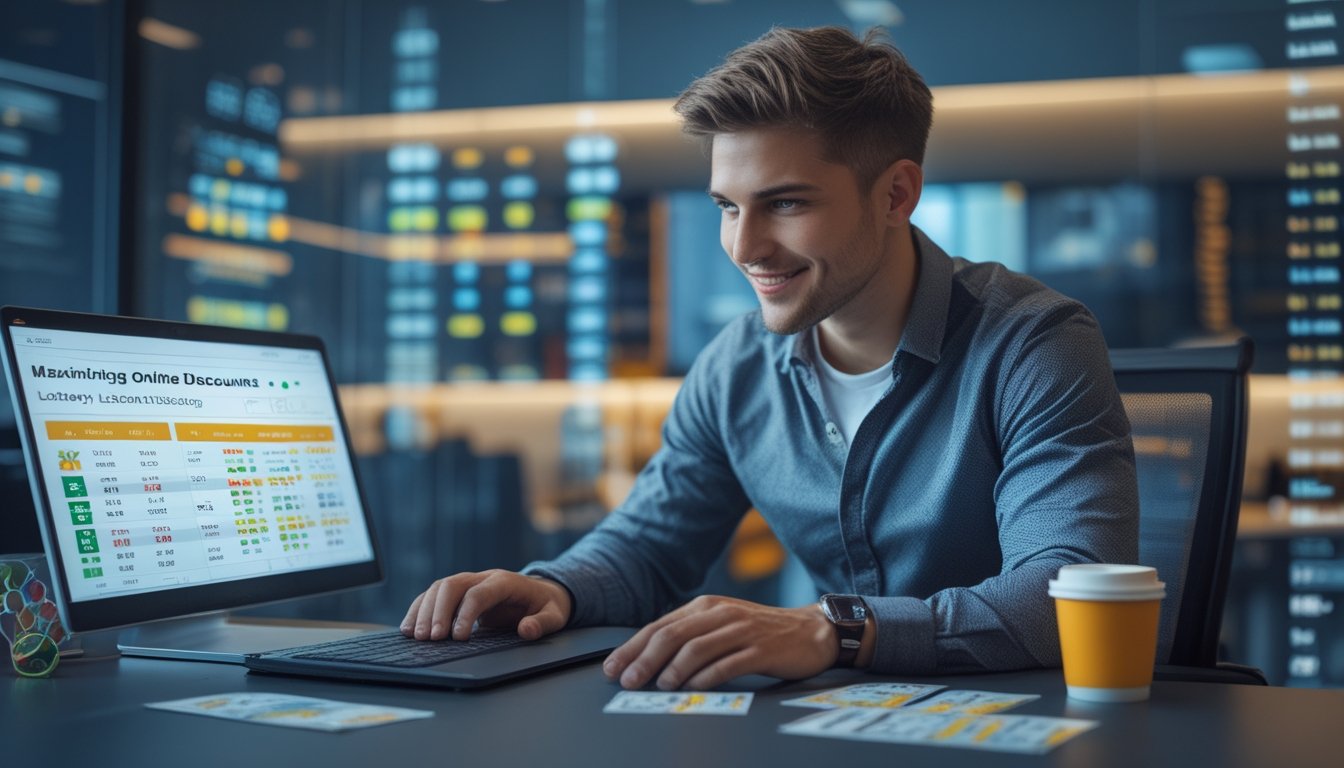 Seorang pria muda duduk di meja dengan laptop dan tiket togel, fokus pada layar dengan ekspresi percaya diri.