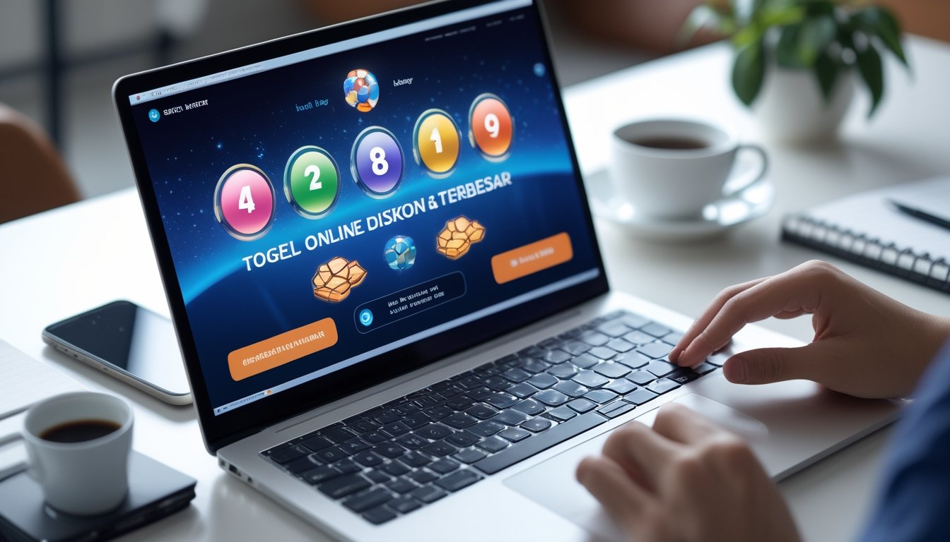 Seorang pengguna duduk di depan laptop dengan layar menampilkan angka togel dan ikon diskon, di meja terdapat ponsel, cangkir kopi, dan buku catatan.