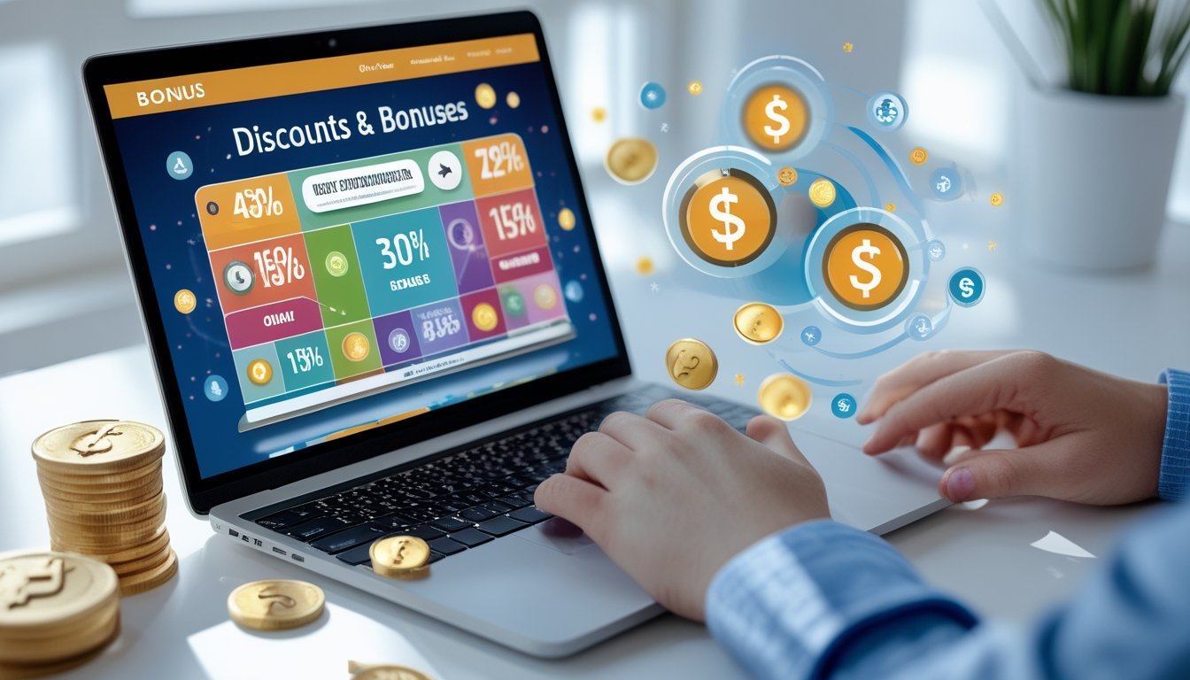 Seseorang menggunakan laptop di meja kerja dengan tampilan situs togel online dan simbol diskon serta bonus di sekitarnya.