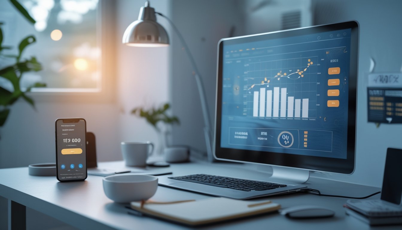 Seorang pria muda duduk di depan laptop di ruang kerja rumah yang terang, fokus menganalisis data untuk bermain togel online dengan strategi dan diskon besar.