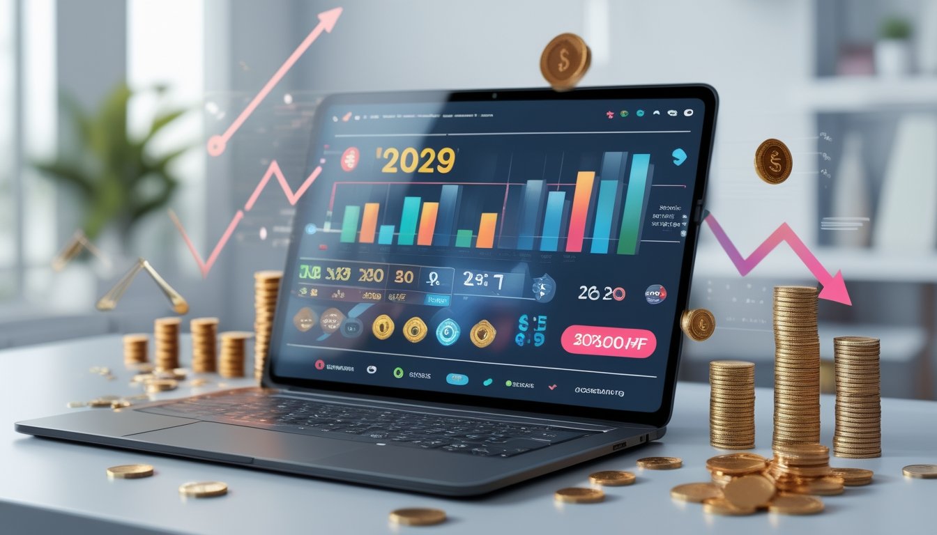 Seorang pengguna sedang melihat layar perangkat digital dengan tampilan angka togel dan grafik keuntungan di lingkungan kerja yang modern dan terang.