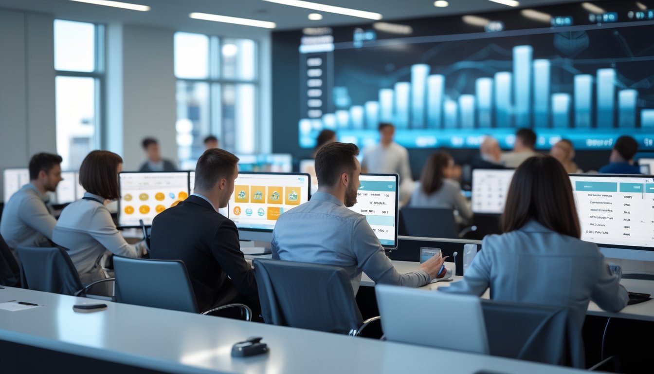 Orang-orang menggunakan laptop dan ponsel di kantor modern dengan grafik dan ikon terkait togel online yang menunjukkan diskon dan kepercayaan.