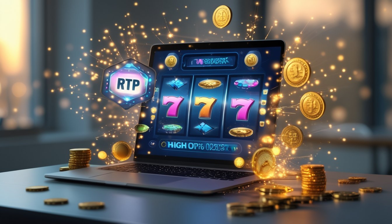 Sebuah laptop modern di meja dengan layar menampilkan ikon permainan slot berwarna-warni dan simbol jackpot, dikelilingi oleh koin emas dan cahaya berkilau.