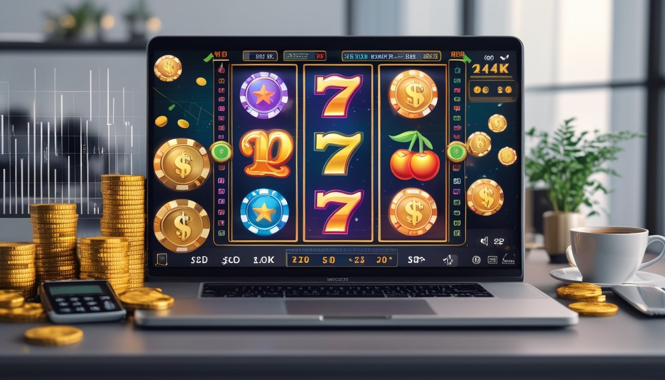 Seorang pemain duduk di depan komputer dengan layar menampilkan permainan slot online berwarna cerah, dikelilingi oleh tumpukan koin emas dan chip poker, menunjukkan suasana kemenangan dan keberhasilan.