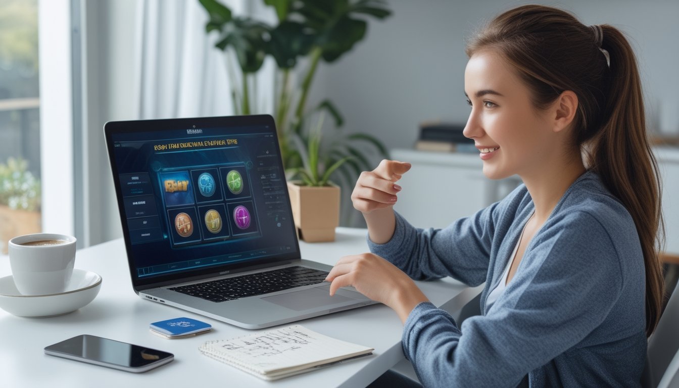 Seorang pemula bermain permainan slot online di laptop di meja kerja dengan suasana nyaman dan terang.