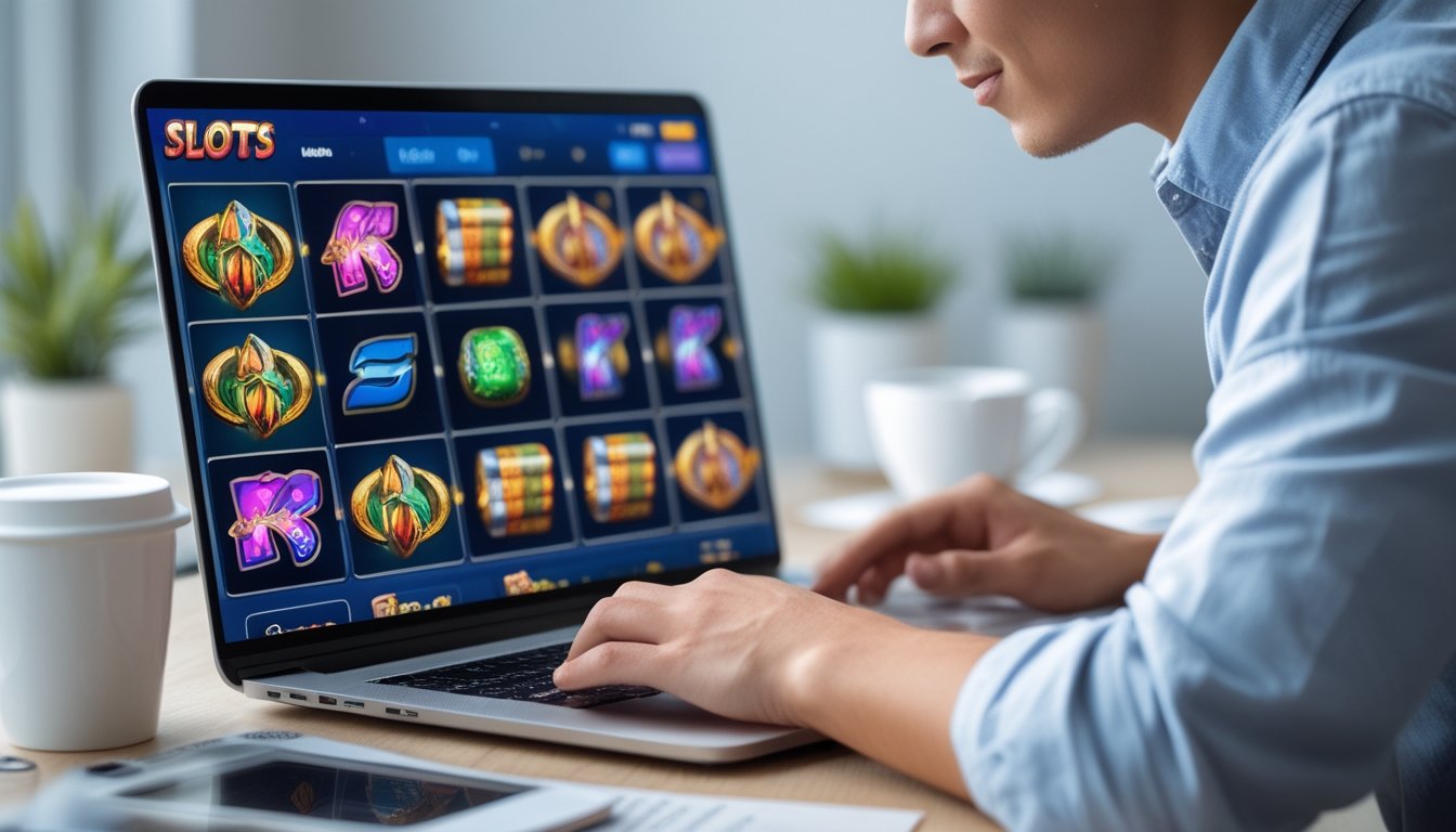 Seseorang sedang bermain slot online di laptop di ruang kerja dengan suasana nyaman dan peralatan belajar di meja.