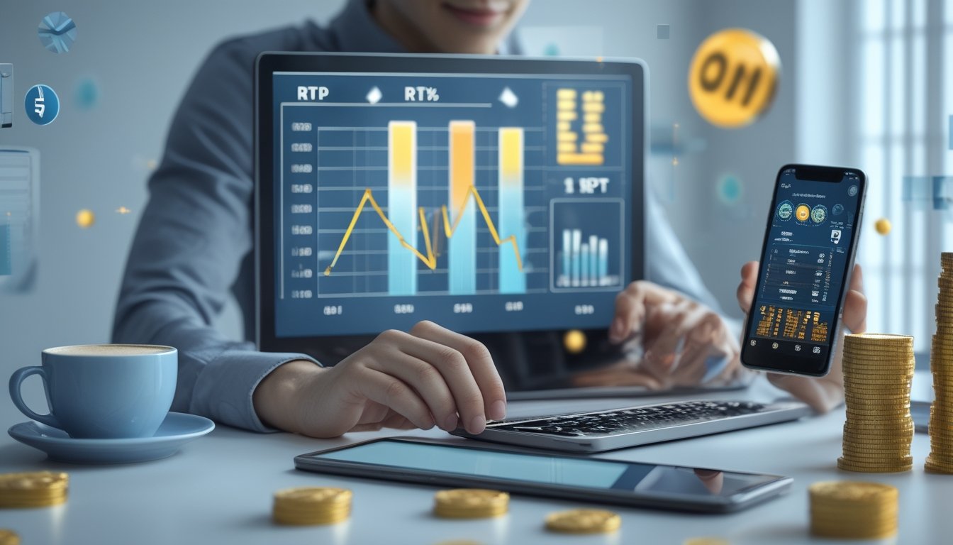 Seseorang sedang menganalisis strategi permainan slot online di depan laptop dengan grafik dan simbol permainan di sekitarnya.