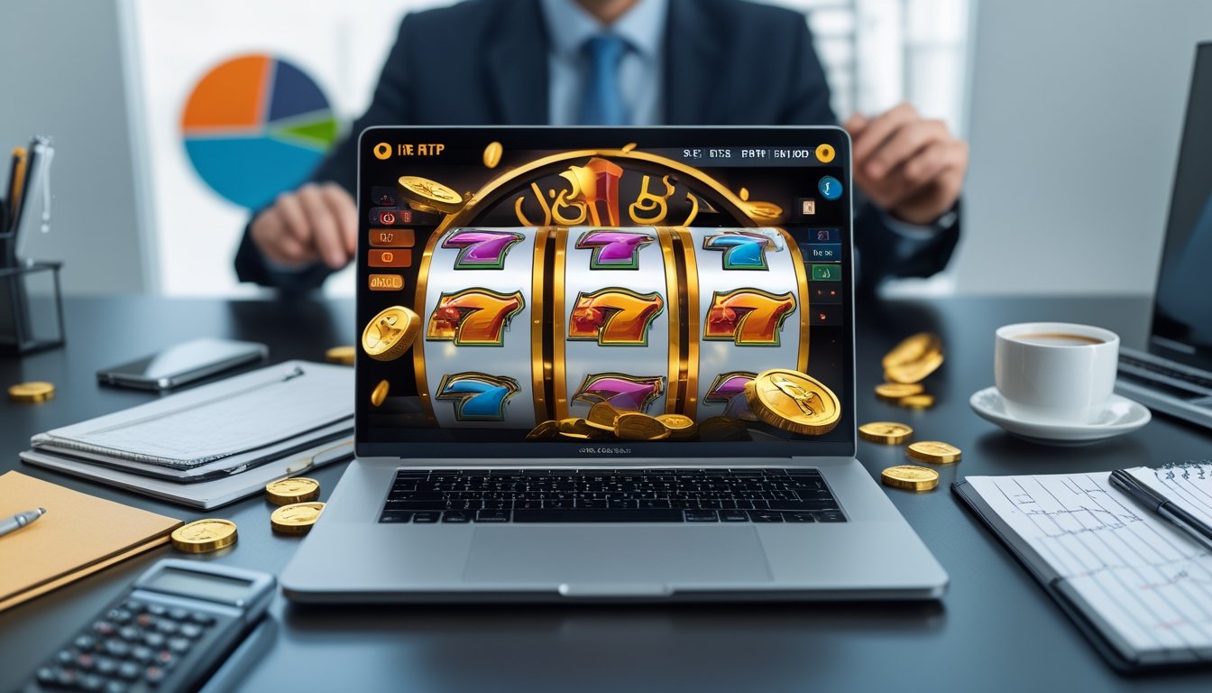Seorang profesional menggunakan komputer dengan tampilan permainan slot online yang menampilkan simbol kemenangan dan koin, di meja kerja dengan alat tulis dan grafik.