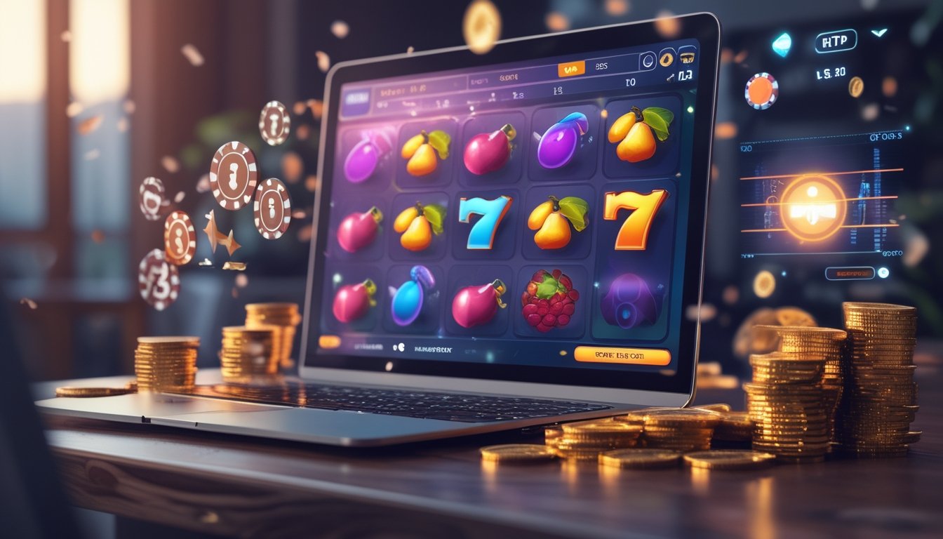 Seseorang bermain permainan slot online di komputer dengan koin dan chip kasino di sekitar meja.