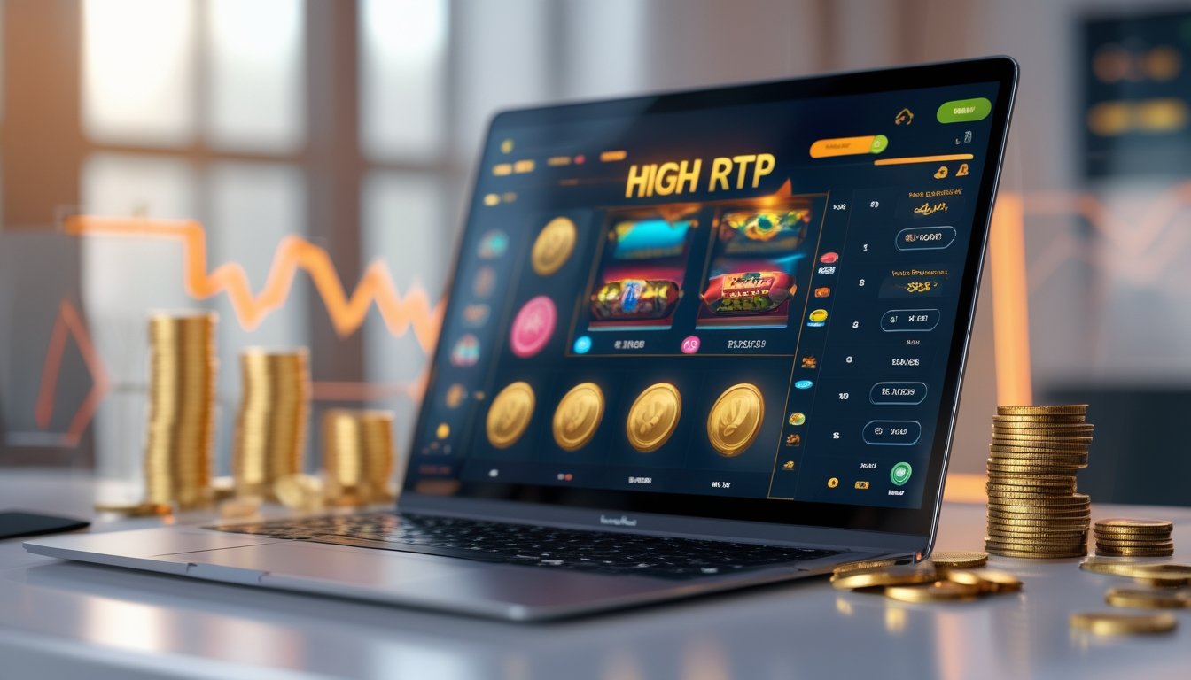 Seorang pengguna bermain slot online di laptop dengan tumpukan koin dan grafik naik di meja.