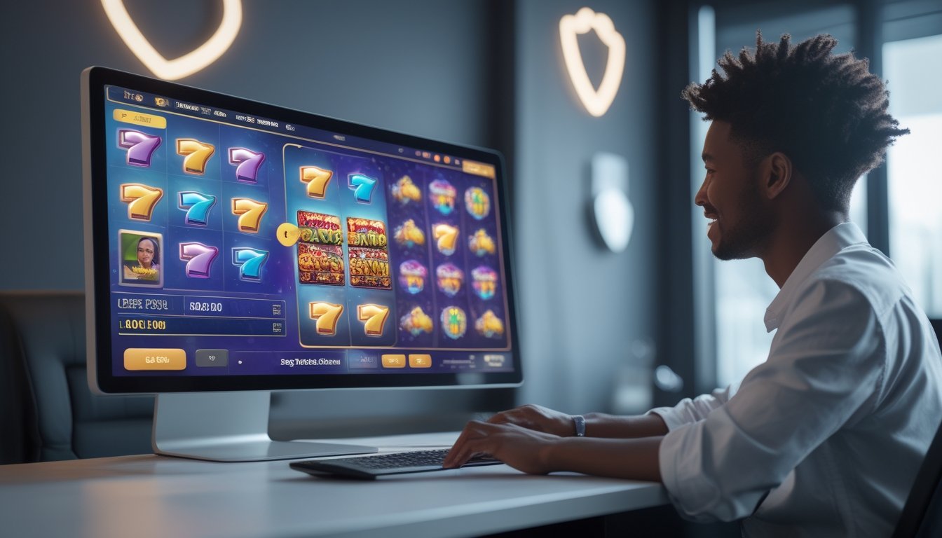 Seseorang duduk di depan komputer yang menampilkan permainan slot online dengan grafik warna-warni dan suasana yang aman dan menyenangkan.