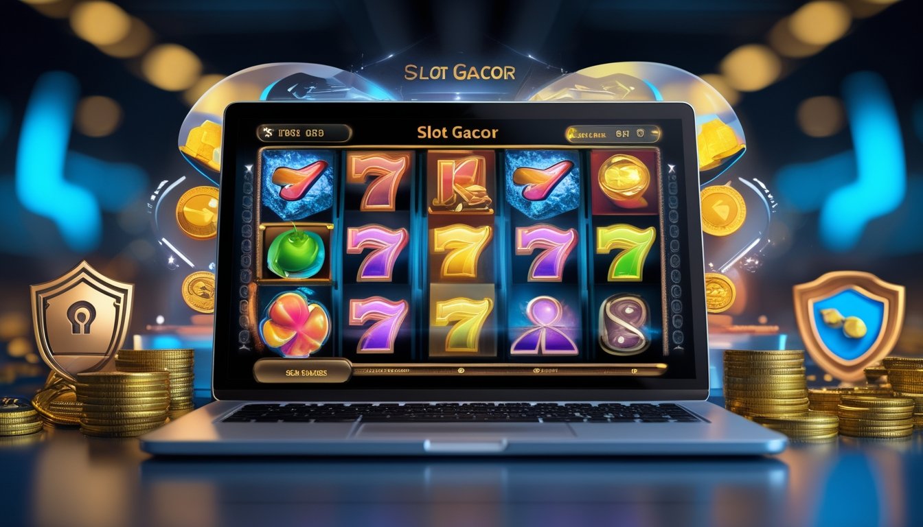 Seorang pengguna komputer sedang bermain mesin slot online dengan tampilan layar berwarna cerah dan simbol keberuntungan, dikelilingi oleh ikon keamanan yang menunjukkan platform yang aman dan terpercaya.