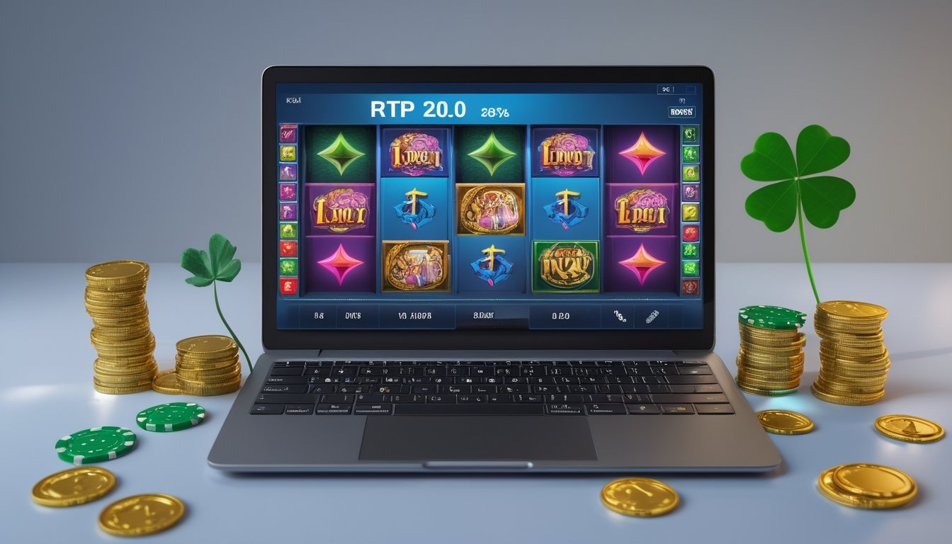 Seorang pemain menggunakan komputer dengan permainan slot online di layar, dikelilingi oleh koin emas dan chip poker.