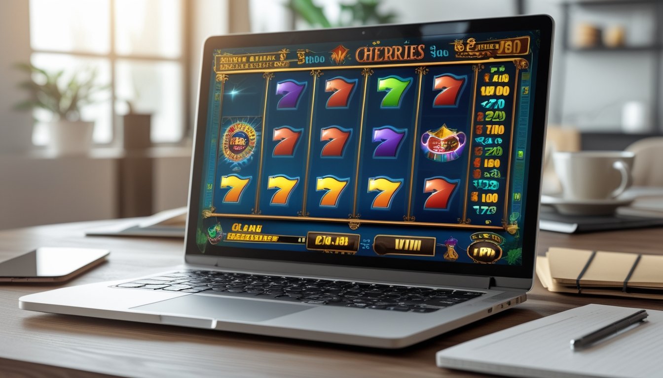 Seorang pengguna sedang melihat layar laptop yang menampilkan permainan slot online dengan simbol warna-warni di sebuah meja kerja yang rapi.