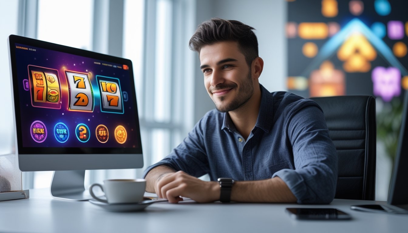 Seorang pria muda duduk di depan laptop yang menampilkan permainan slot online dengan ekspresi percaya diri dan santai.