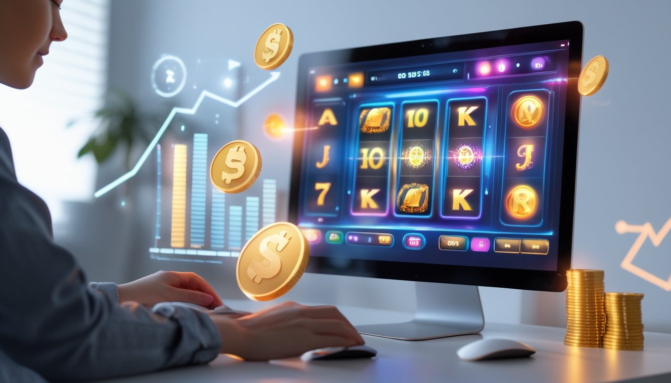 Seorang pemain yang santai menggunakan komputer dengan layar menampilkan permainan slot online berwarna cerah dan simbol kemenangan.