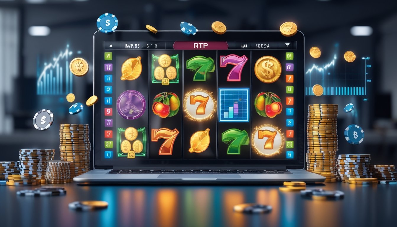 Sebuah komputer dengan layar menampilkan gulungan mesin slot berwarna-warni, dikelilingi oleh tumpukan chip poker dan grafik digital yang menunjukkan kemenangan dalam permainan slot online.