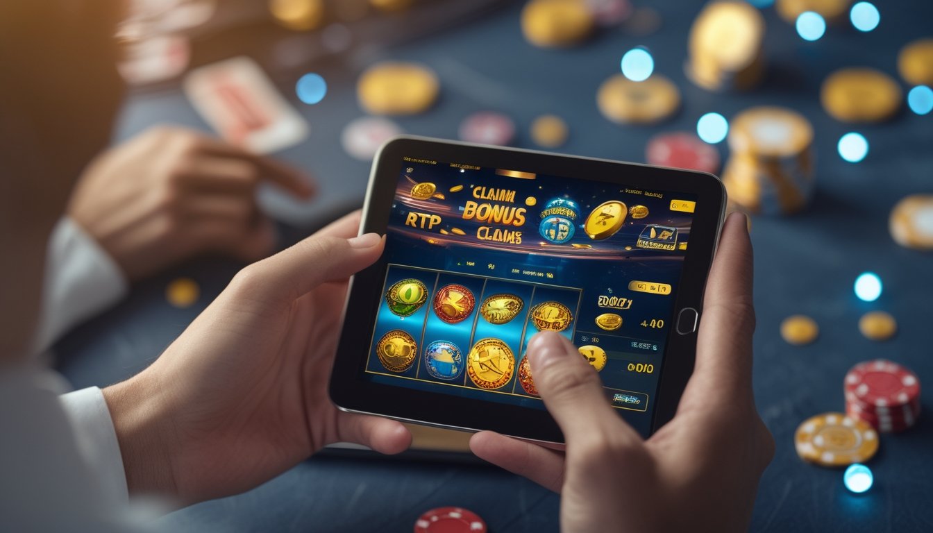 Tangan seseorang menggunakan ponsel yang menampilkan permainan slot online dengan simbol putaran gratis dan bonus di layar.
