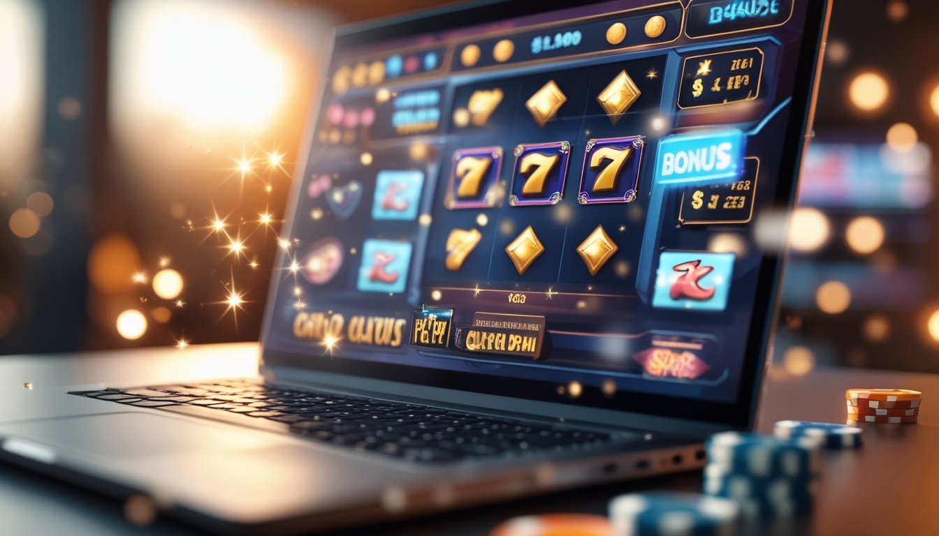 Seorang pengguna komputer dengan layar menampilkan permainan slot online yang menampilkan simbol bonus dan koin berkilau di sekitarnya.