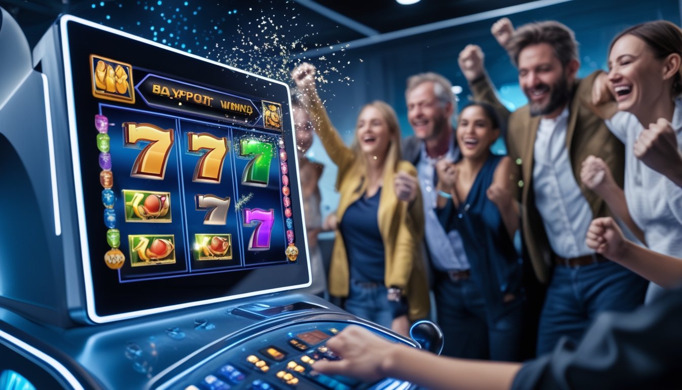 Orang-orang bahagia merayakan kemenangan besar di mesin slot online dengan layar berwarna cerah dan simbol jackpot.