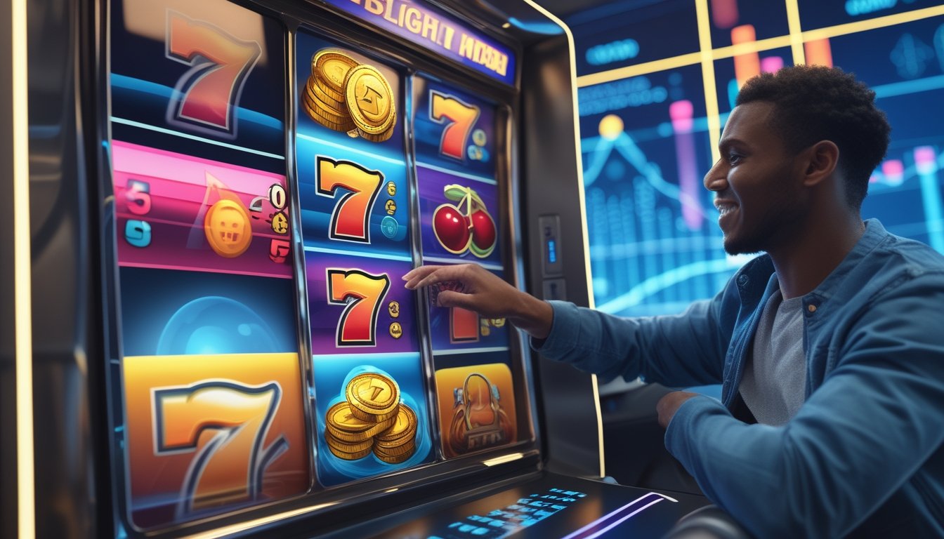 Seorang pemain sedang menggunakan perangkat layar sentuh untuk bermain mesin slot online dengan simbol kemenangan yang berwarna-warni dan latar belakang teknologi digital.