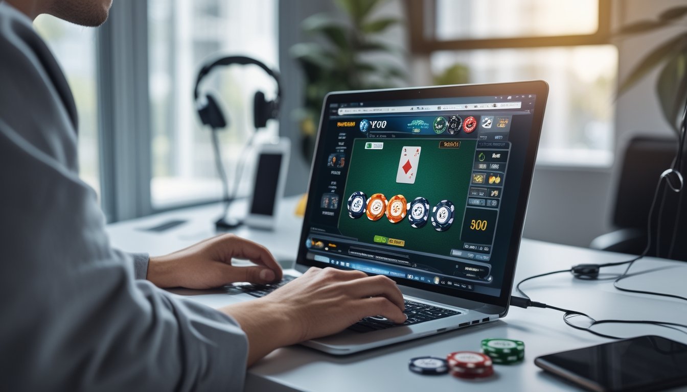 Seseorang sedang bermain poker online di depan laptop di ruang kerja rumah yang terang.