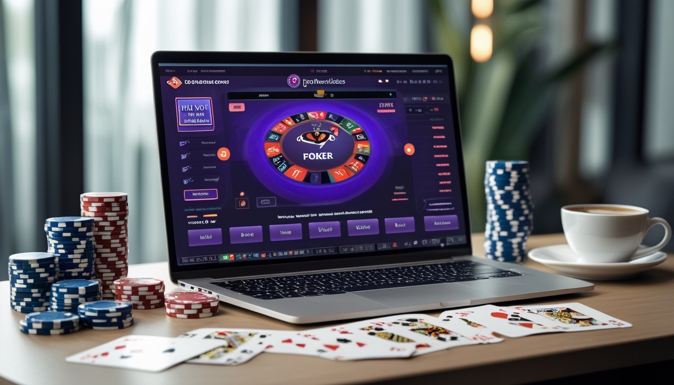 Seorang pemain poker online menggunakan laptop dengan meja yang berisi chip poker dan kartu remi.