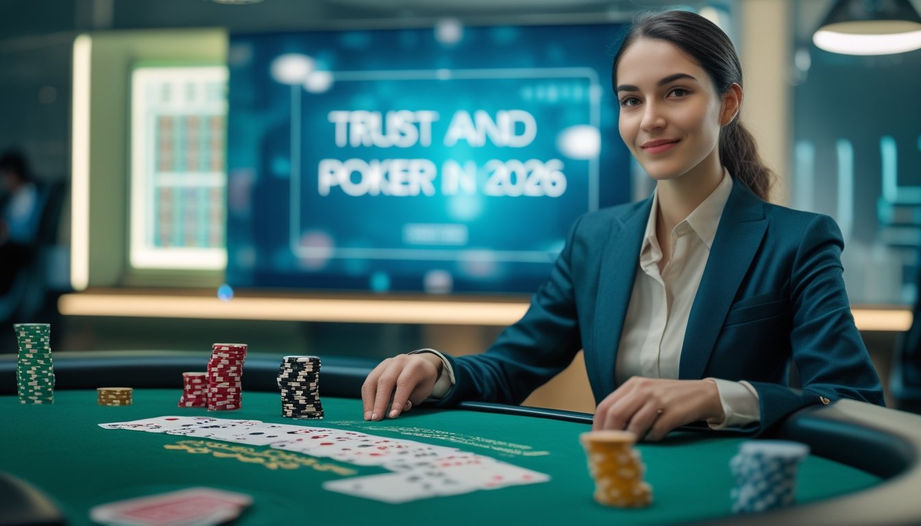 Seseorang duduk di meja poker modern dengan chip dan kartu, suasana terlihat profesional dan terpercaya.