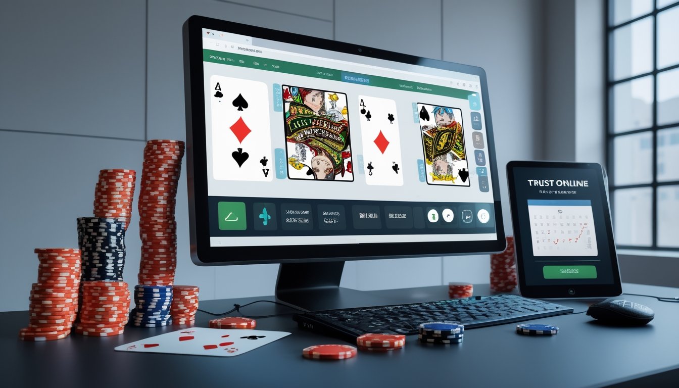 Meja kerja modern dengan komputer menampilkan permainan poker online dan perlengkapan poker seperti chip dan kartu.