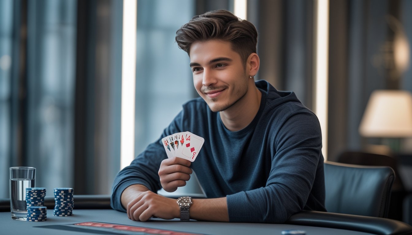 Seorang pria muda duduk di meja poker dengan kartu dan chip, tampak fokus dan percaya diri.