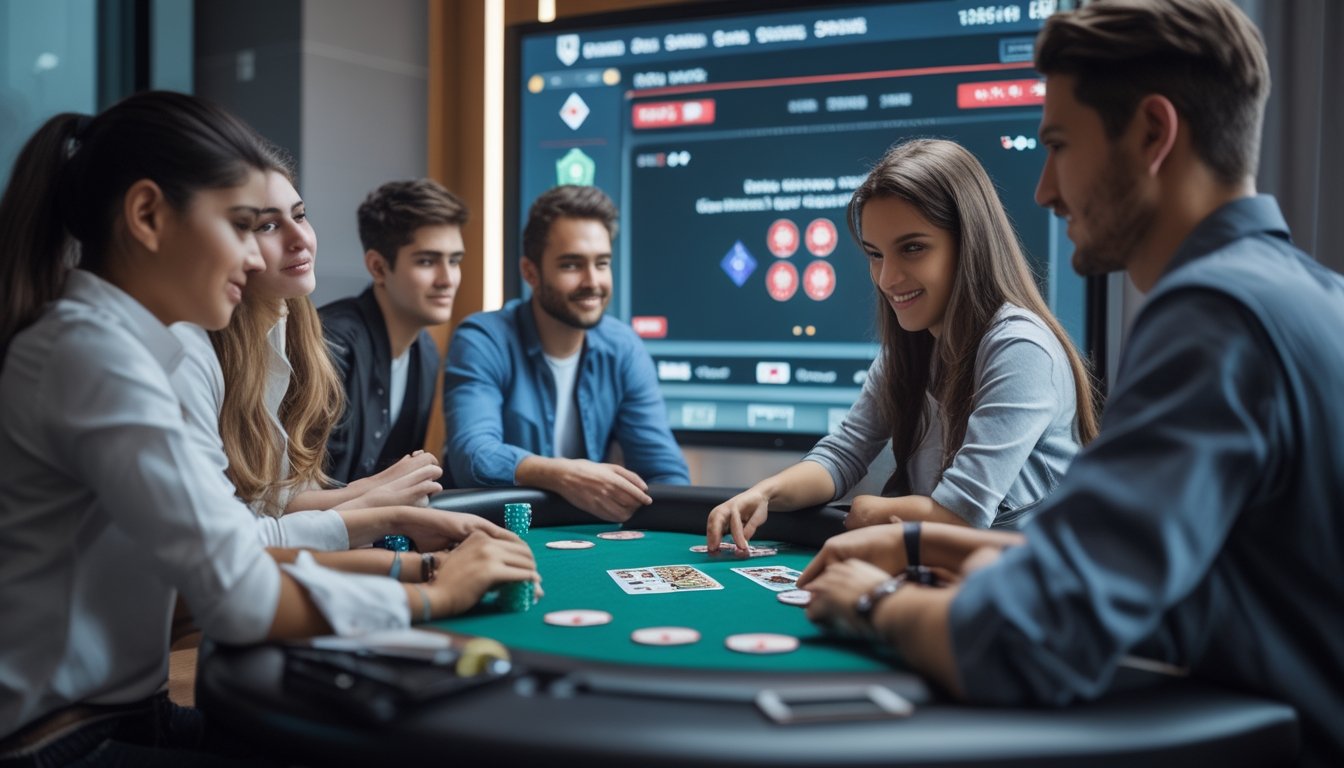 Sekelompok orang muda sedang bermain poker online di meja dengan kartu dan chip digital, tampak fokus dan serius.