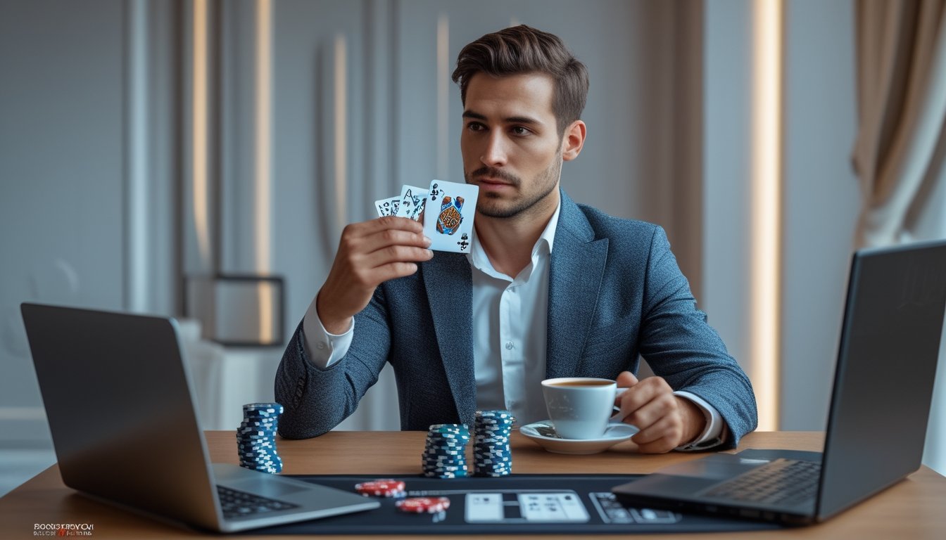 Seorang pria duduk di meja poker dengan kartu dan chip, fokus pada permainan poker online di laptop.