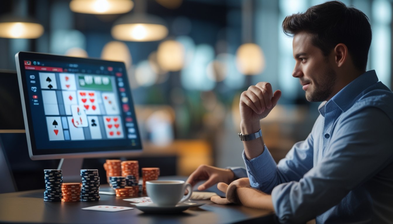 Seorang pemain poker online sedang fokus bermain di depan layar komputer dengan kartu dan chip poker di meja.
