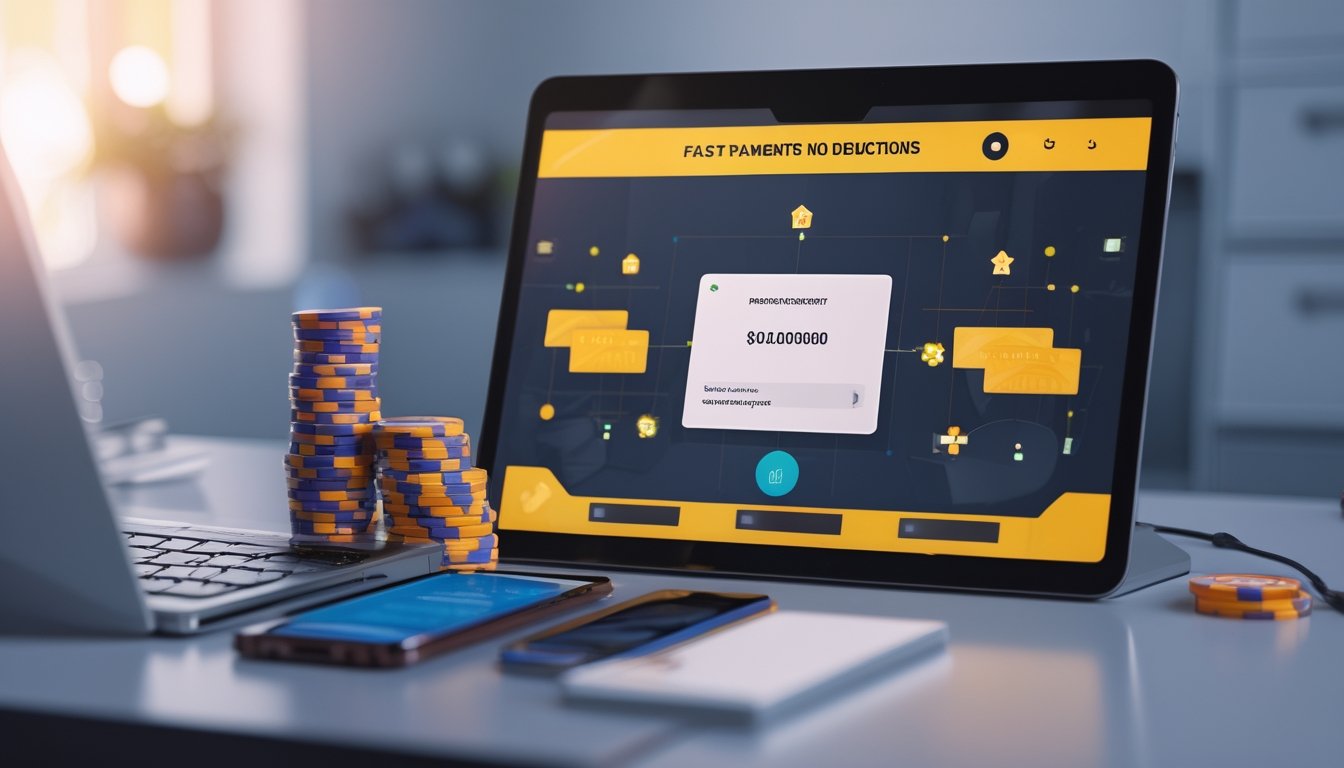 Sebuah meja kerja dengan perangkat digital menampilkan permainan poker online, tumpukan chip poker, dan layar ponsel yang menunjukkan konfirmasi pembayaran.