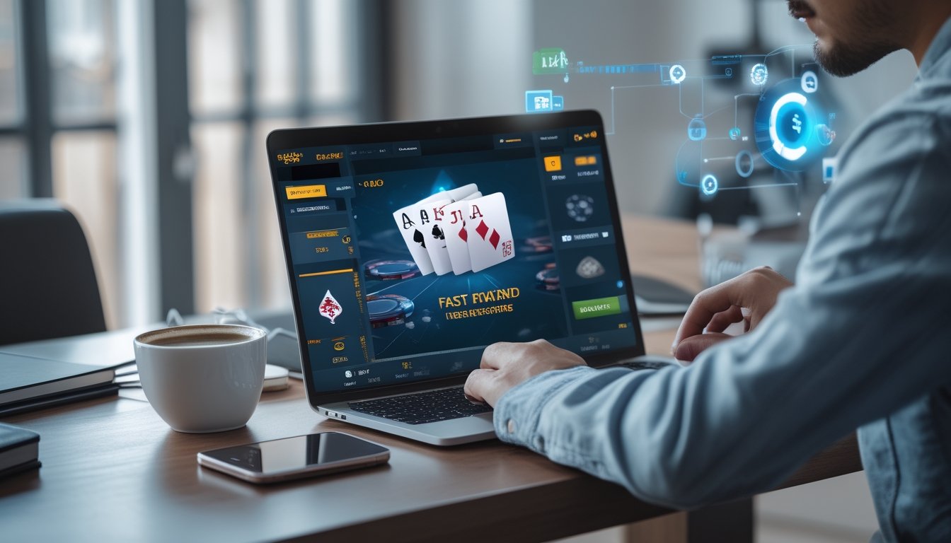Seorang pria sedang melihat layar laptop yang menampilkan permainan poker online dengan kartu dan chip, di meja terdapat ponsel dan cangkir kopi.