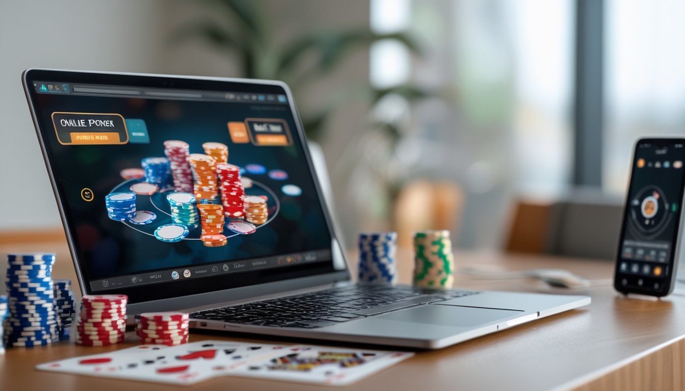 Sebuah meja dengan laptop yang menampilkan permainan poker online, dikelilingi oleh chip poker dan kartu remi.