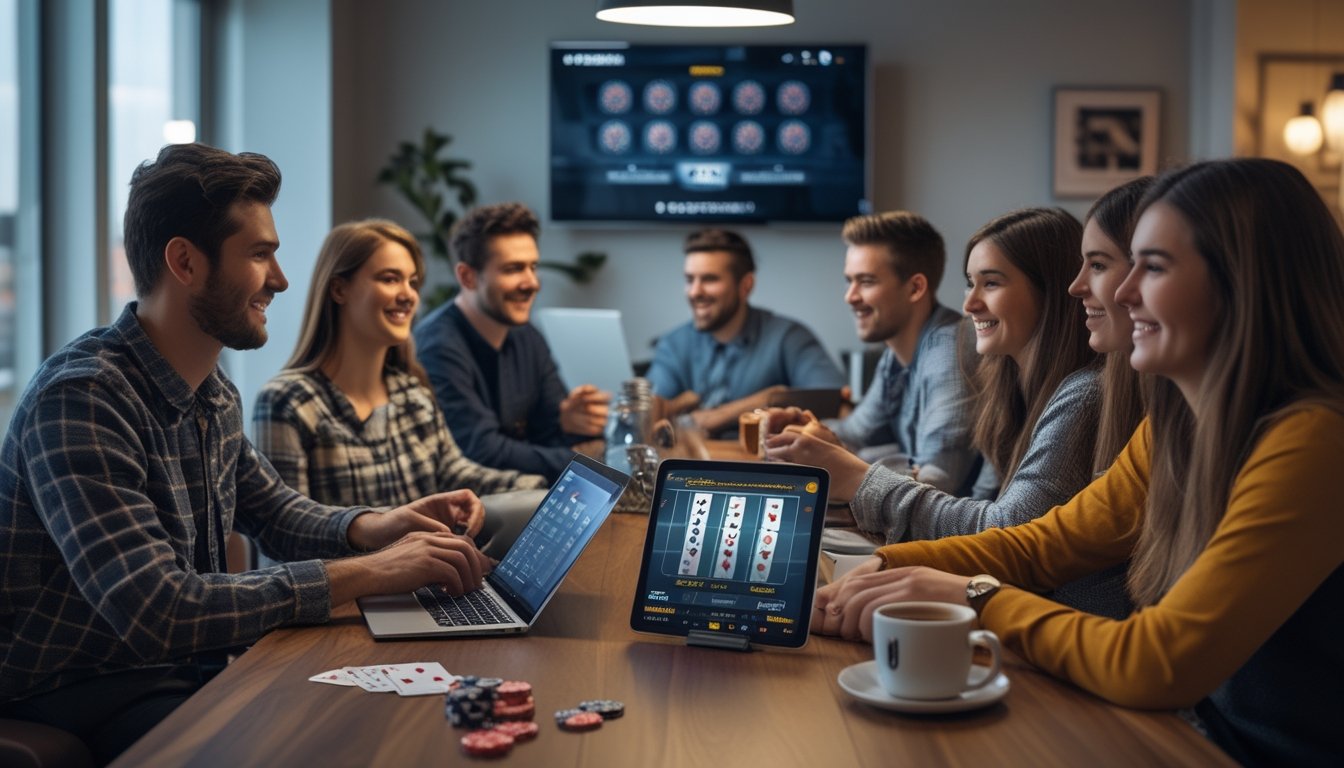 Sekelompok orang muda bermain poker online bersama di meja dengan laptop dan kartu remi di ruang kerja modern.
