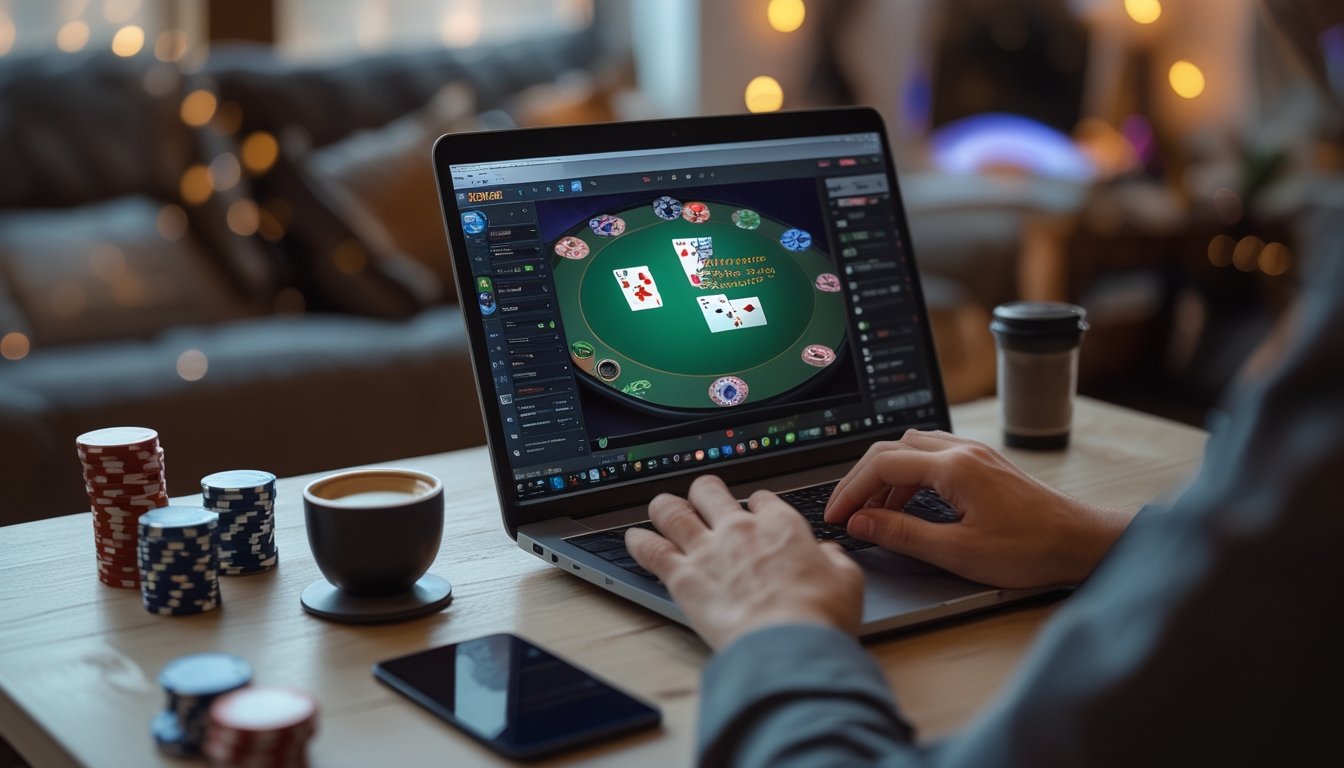 Seseorang sedang bermain poker online di laptop dengan tumpukan chip poker di meja dan suasana ruangan yang nyaman.