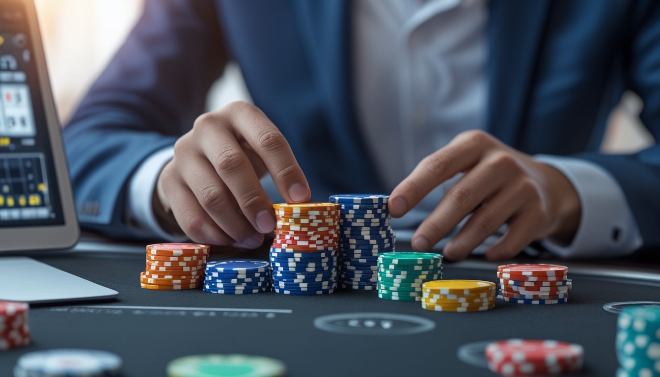 Tangan seseorang sedang mengatur chip poker berwarna-warni di atas meja poker dengan layar digital permainan poker online di latar belakang.