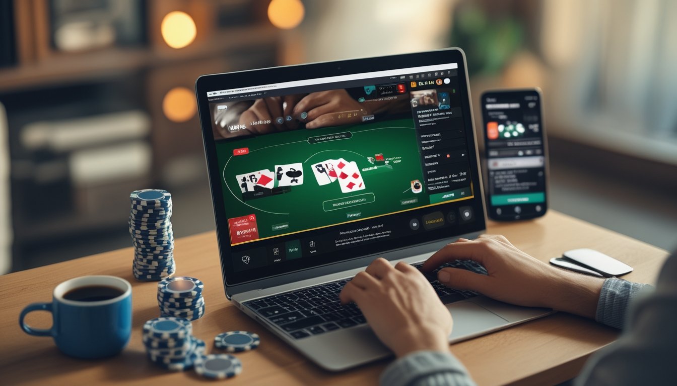 Seorang pemain poker online menggunakan laptop di meja dengan tumpukan chip poker dan suasana ruangan yang nyaman.