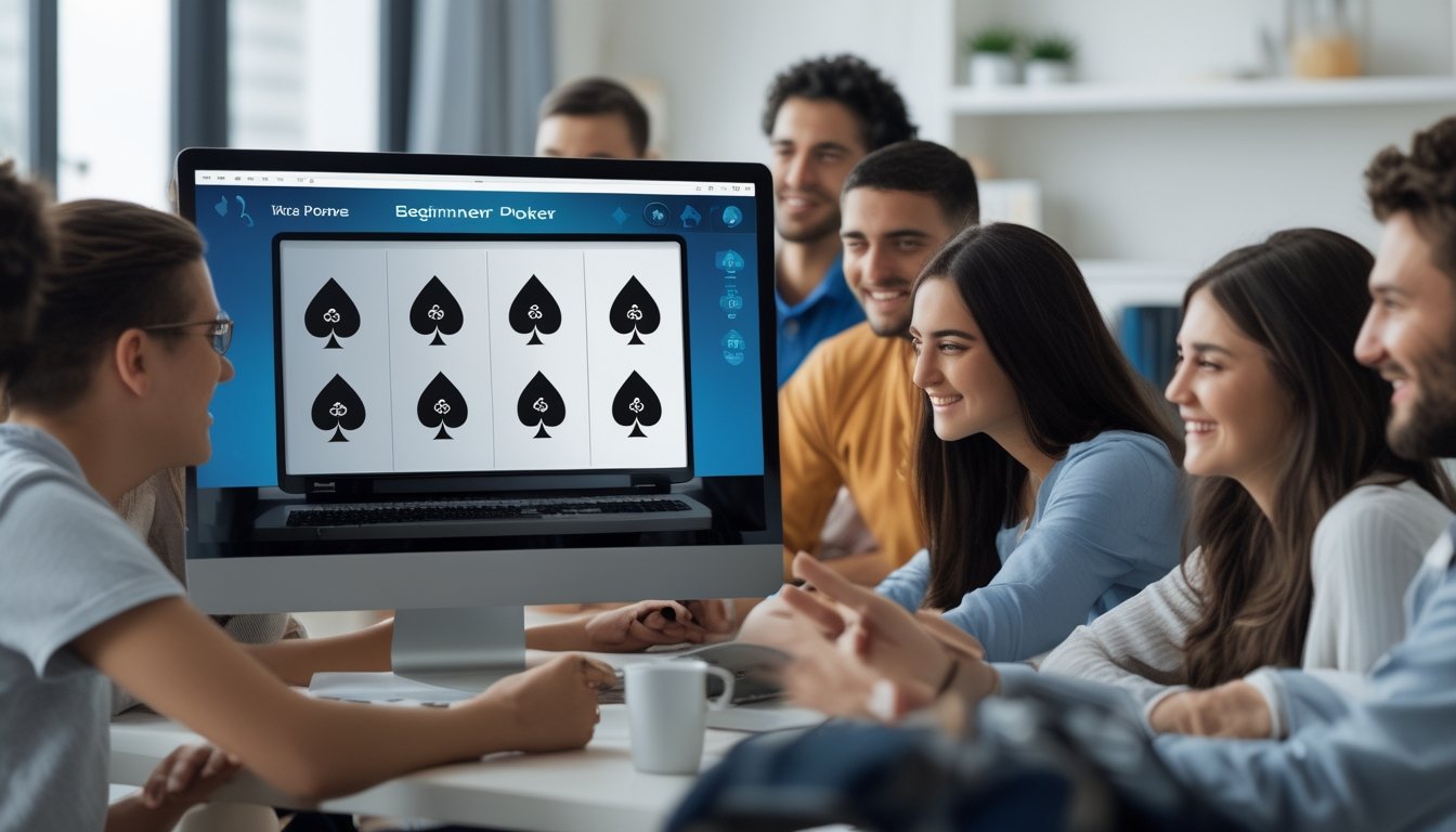 Beberapa orang muda duduk di depan komputer yang menampilkan permainan poker online dengan chip dan kartu, terlihat fokus dan senang.
