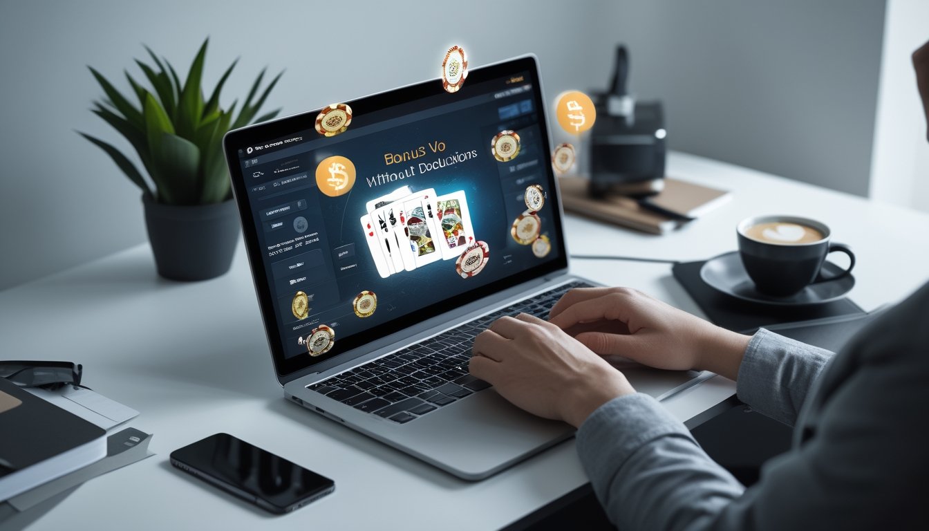Seseorang menggunakan laptop dengan tampilan permainan poker online di meja kerja yang rapi dan terang.