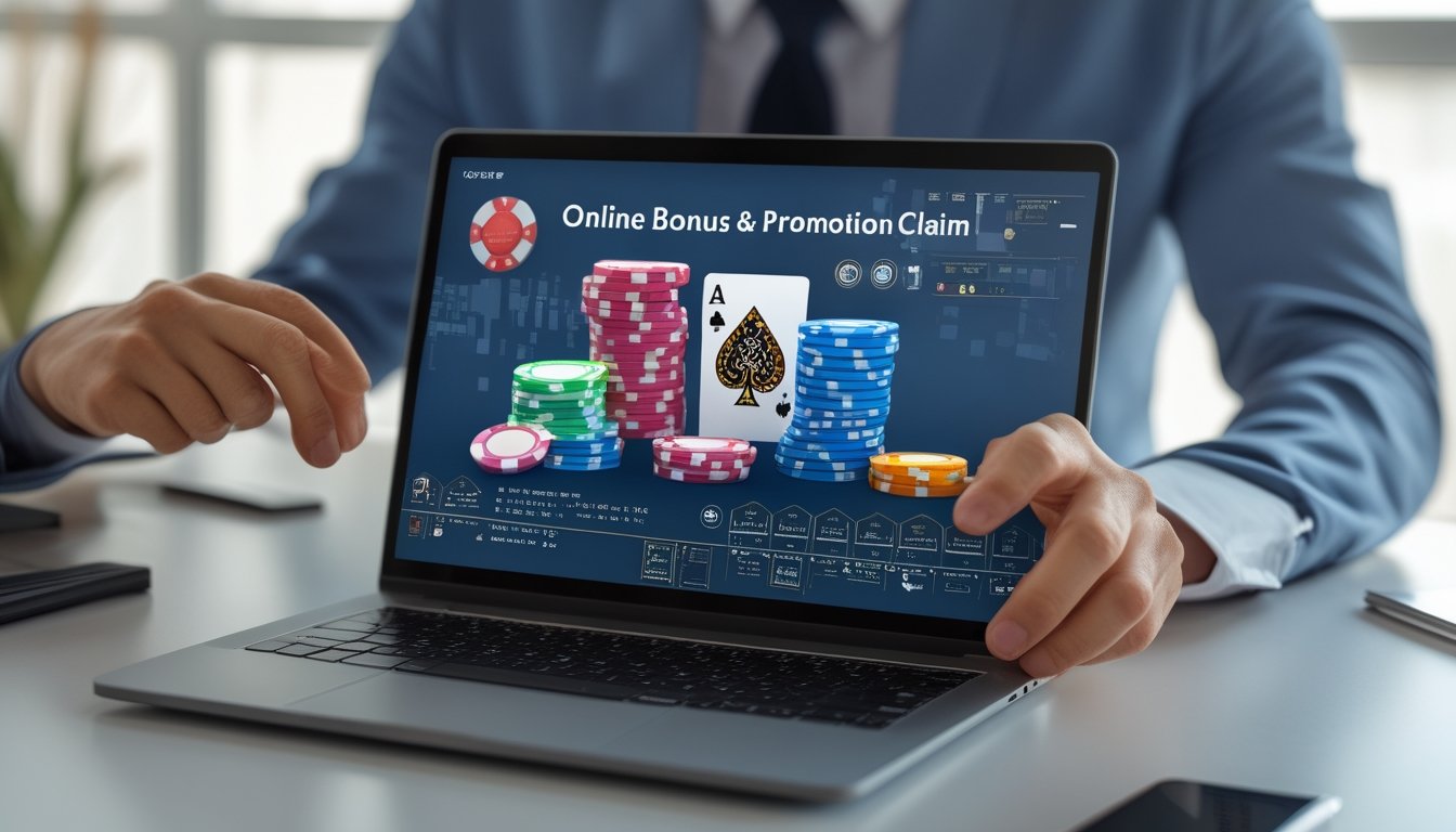 Seorang pengguna laptop sedang bermain poker online dengan tumpukan chip poker dan kartu di layar, di ruang kerja yang rapi dan terang.