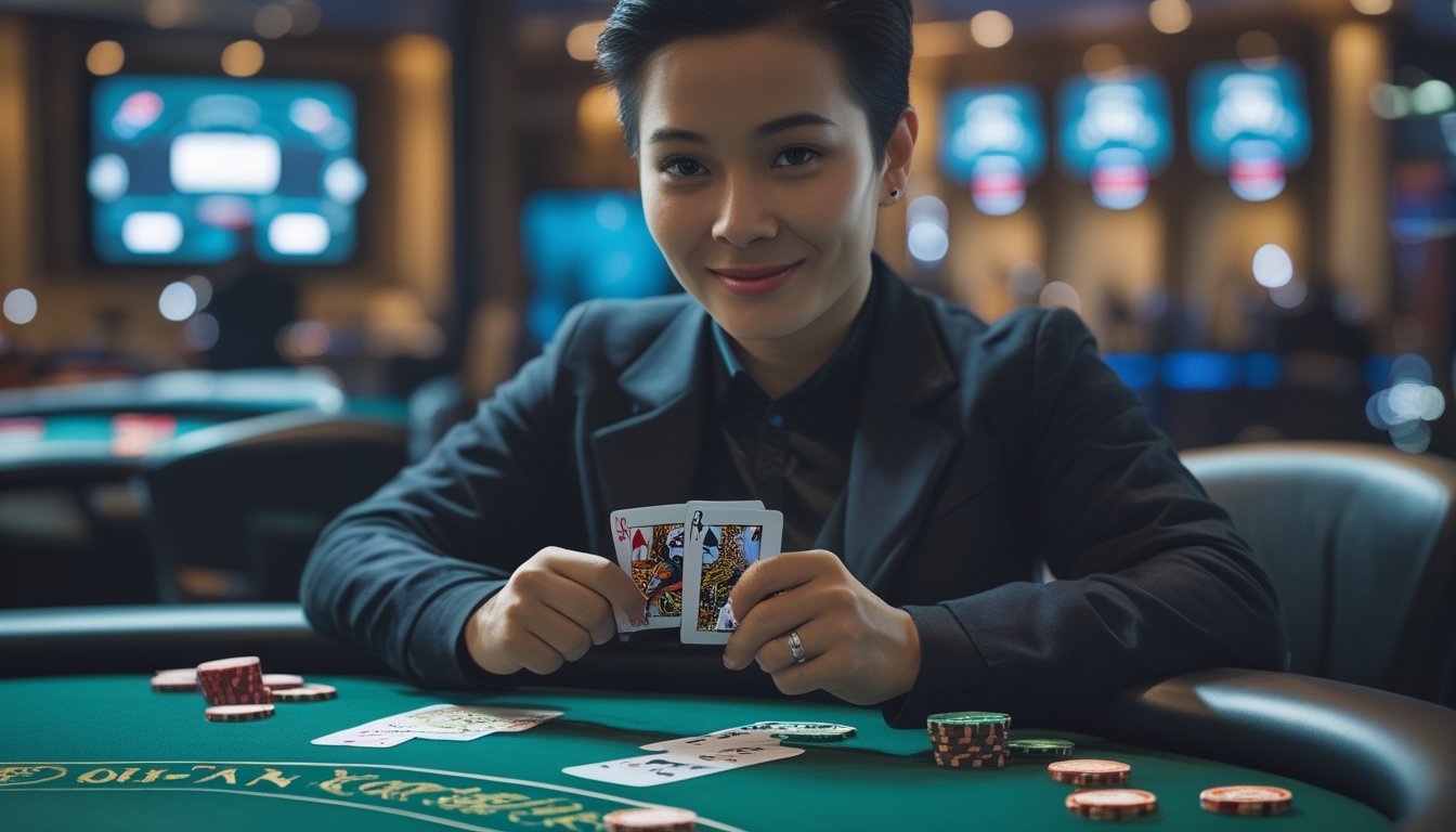 Seseorang duduk di meja poker dengan kartu dan chip poker, terlihat fokus dan percaya diri.