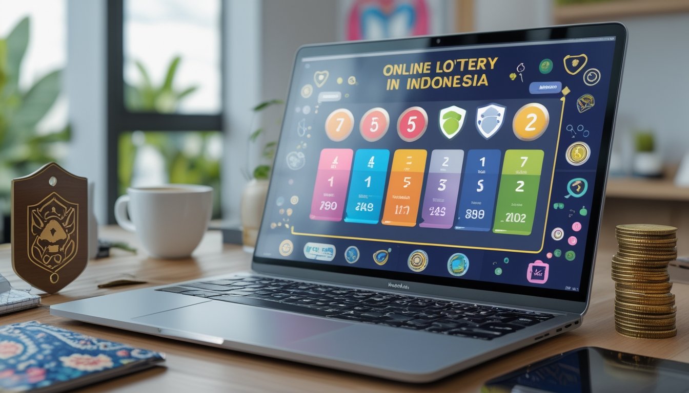 Meja kerja modern dengan laptop yang menampilkan situs togel online, ponsel dengan ikon keamanan, tumpukan koin, dan dekorasi batik kecil di latar belakang.