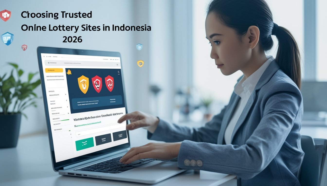 Seseorang sedang menggunakan laptop di meja kerja modern dengan latar belakang elemen keamanan digital yang menunjukkan konsep situs togel online terpercaya.