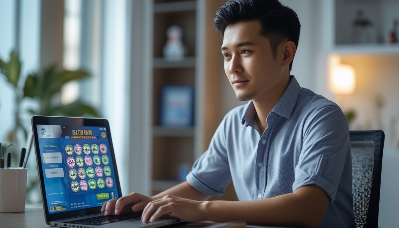 Seorang pria muda Indonesia sedang duduk di depan laptop di meja modern, fokus bermain permainan togel online di situs terpercaya.
