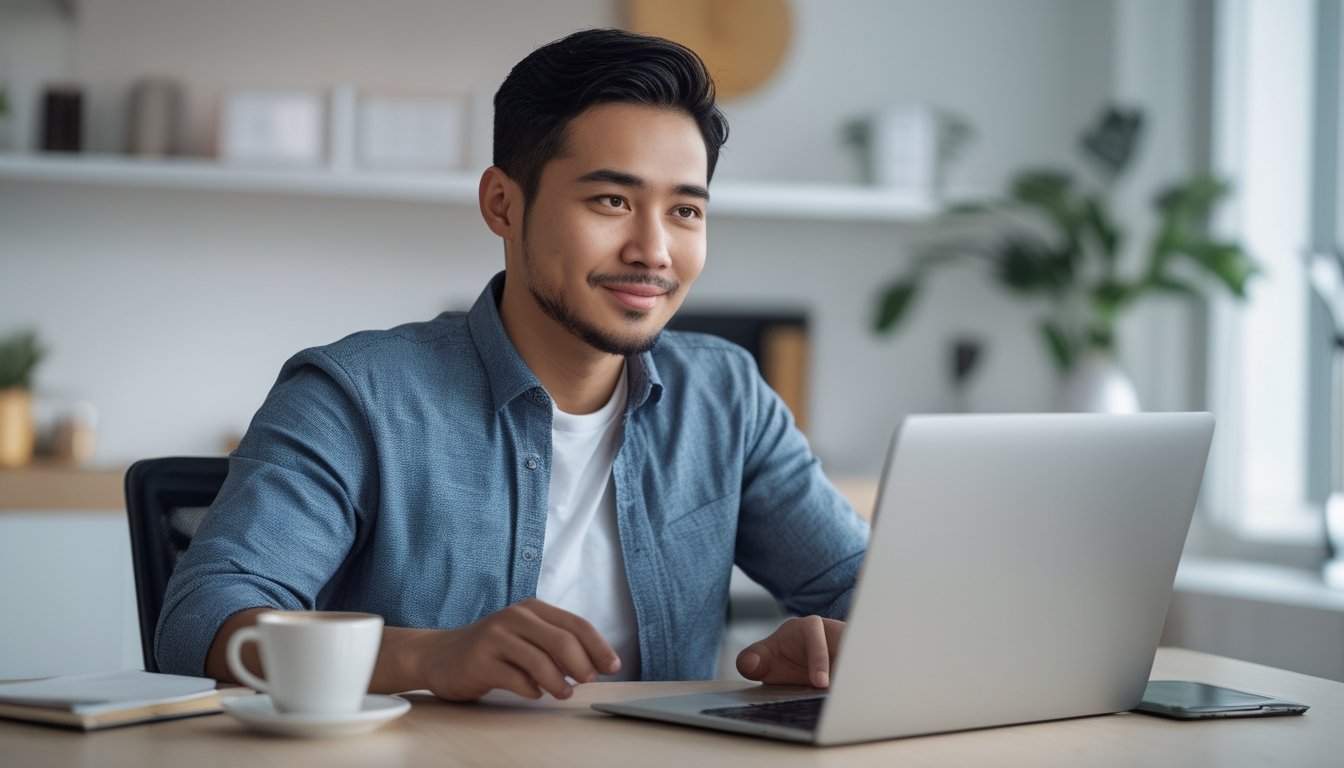 Seorang pria Indonesia duduk di meja kerja di rumah, menggunakan laptop dengan ekspresi percaya diri dan fokus.